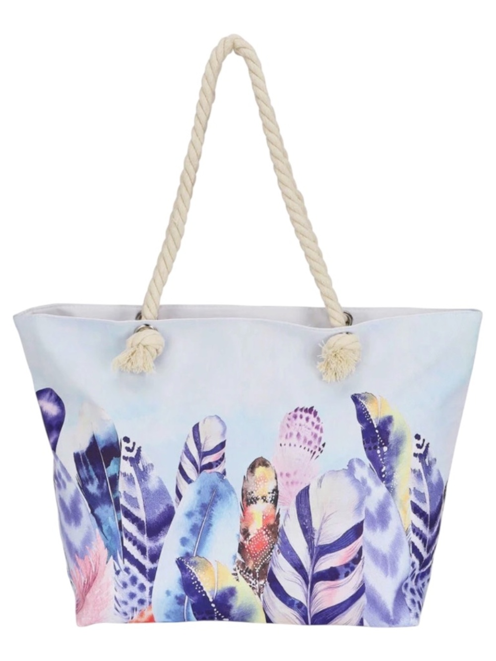 Feather Print Beach Bag with Rope Handle - Blue